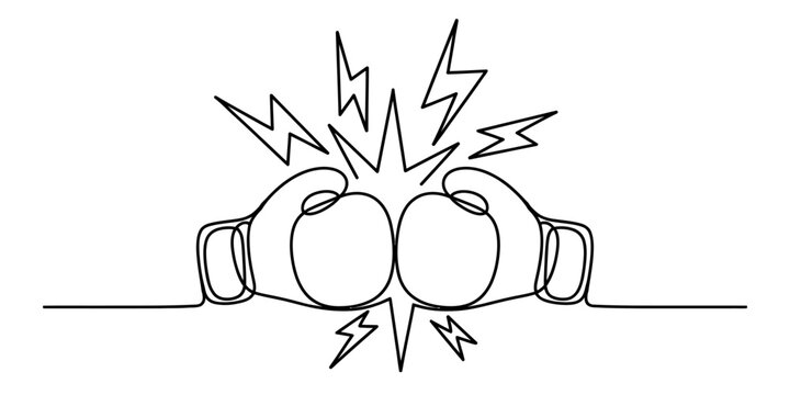 Continuous single line drawing of two boxing gloves hitting each other with lightning bolt spark shapes representing a strong punch fight impact Vector, illustration