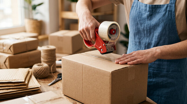 Small business packaging station with boxes and twine, representing entrepreneurship, organization, and online sales.