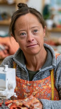 Woman with Down syndrome wearing an orange floral apron and gray sweater, seated at a sewing machine, focused on fabric in a well-lit workshop environment