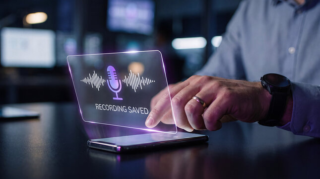 man taps glowing microphone interface on smartphone to record voice memo, transcribe meeting notes, activate voice command, manage audio file, and streamline communication workflow