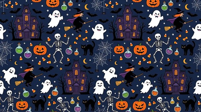 Spooky halloween pattern ghosts witches skeletons and haunted houses seamless repeat
