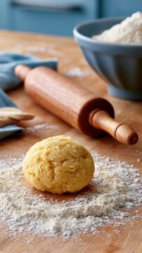 Yellow dough ball on a wooden countertop with a rolling pin and a bowl of flour in the background, kitchen utensils visible nearby
