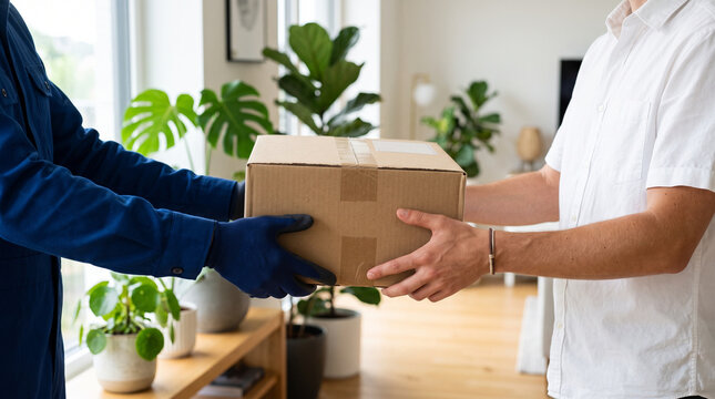 Courier passing a cardboard package to a customer, symbolizing e-commerce, logistics, fast shipping, and successful fulfillment.