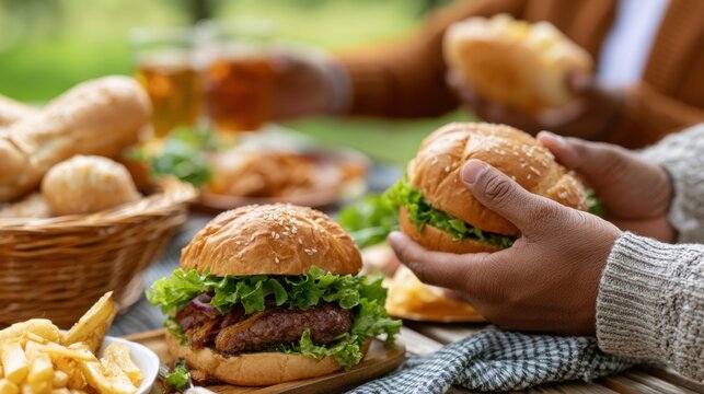 Two hands holding sesame seed burgers with lettuce, accompanied by fries and drinks on a picnic table, surrounded by a basket of bread and outdoor greenery