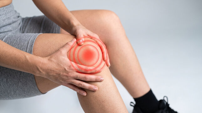 Person holding a painful knee with red highlight, symbolizing joint injury, inflammation, arthritis, and limited mobility.