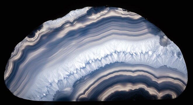 Striking abstract pattern of blue and white agate slice, revealing natural banded layers.