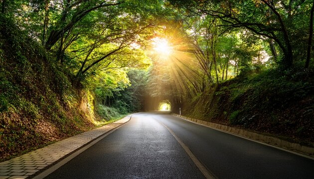 Sunbeams Shining Through A Tree Canopy Over A Winding Road Nature Travel And Peaceful Journey Sunlight Flickering On Asphalt Path Under A Forest Tunnel