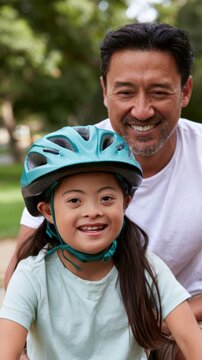 Young girl with Down syndrome wearing a blue bicycle helmet smiles alongside her father in a park setting with greenery and soft sunlight in the background