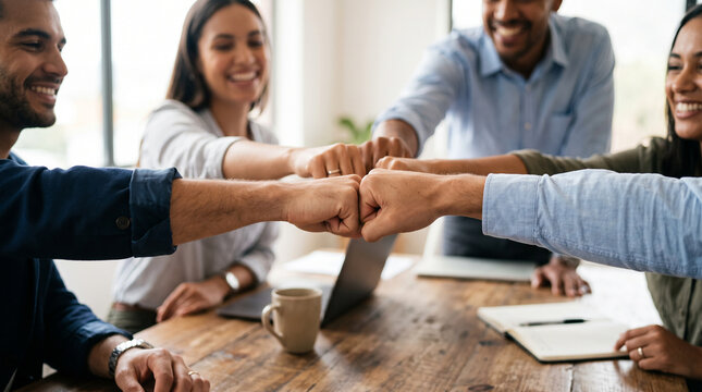Multicultural business team joining fists over office table, symbolizing teamwork, unity, trust, and shared corporate success.