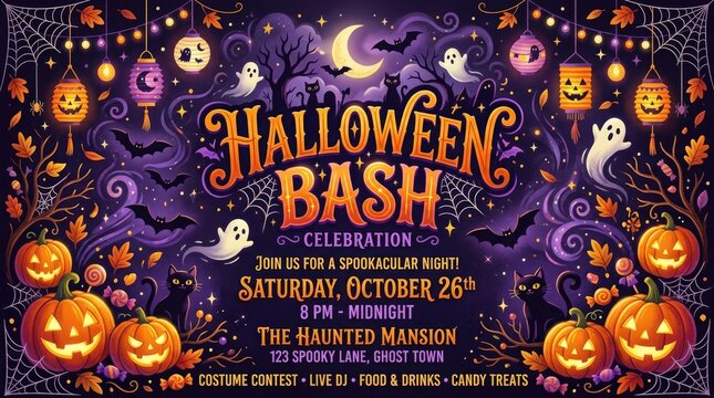 Halloween bash party invitation with pumpkins ghosts and spooky decorations