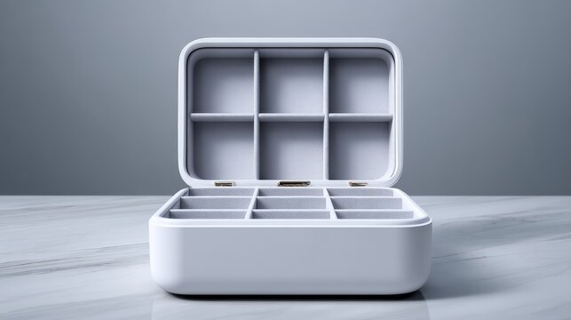 A minimalist white compartmentalized storage box with a 3x3 grid, showcased in a clean, monochromatic setting. 