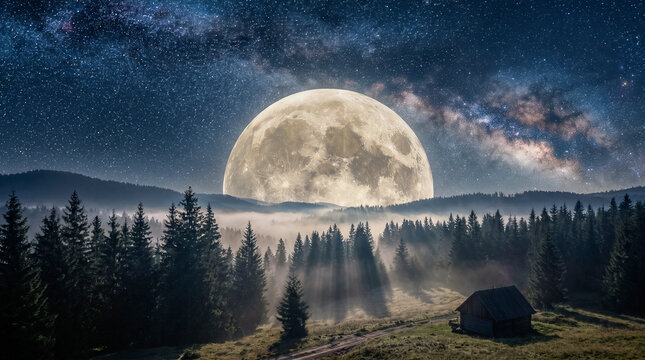 Luna llena iluminando un bosque en una noche tranquila con ambiente m&aacute;gico y natural.