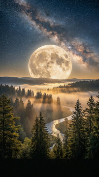 Luna llena iluminando un bosque en una noche tranquila con ambiente m&aacute;gico y natural.