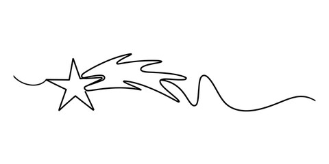 Continuous single line drawing of a shooting star with a long tail trail in a simple minimalist black outline style for modern creative design Vector, illustration © KDP Publisher