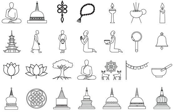Buddhism and Spiritual Symbols Line Art Vector Icon Set