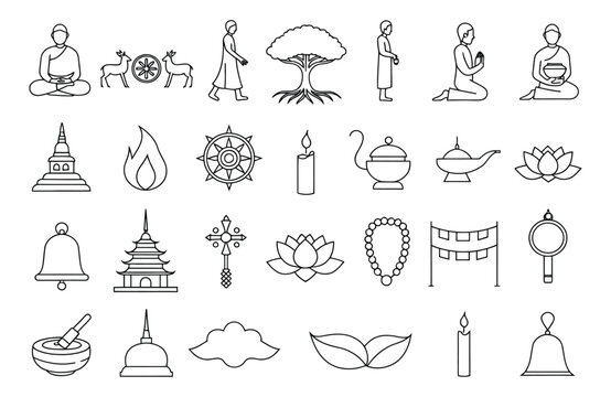 Buddhism and Spiritual Symbols Line Art Vector Icon Set