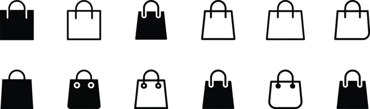 Shopping, paper bag icon collection with retail bags, online store, package and ecommerce symbols, editable vector set.