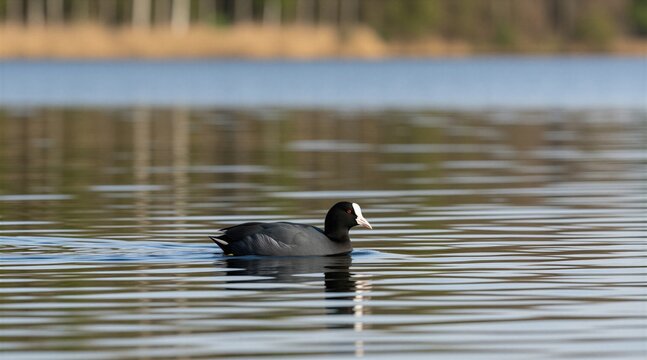 Eurasian coot swims on calm lake surface during bright day. Black water bird with white beak floats across peaceful reservoir ripples. Wild animal glides through natural habitat in park. Wildlife