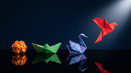 Origami evolution concept showing paper transformation from a crumpled ball to a flying bird © DreamFrame Creations