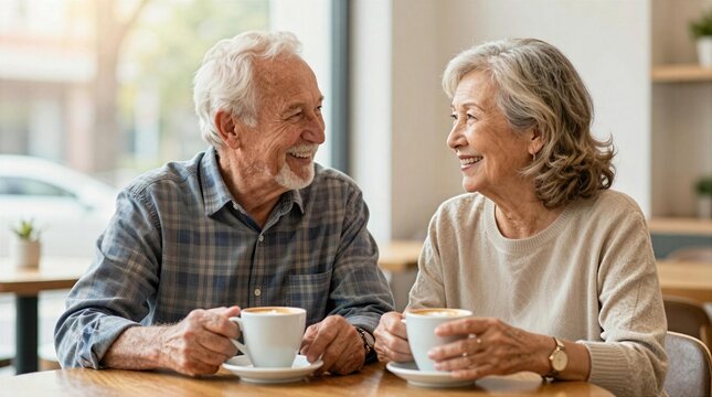 Couple enjoys coffee together in a cafe on a sunny afternoon in the city