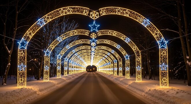 Beautiful illuminated archway tunnel with colorful lights and stars at night