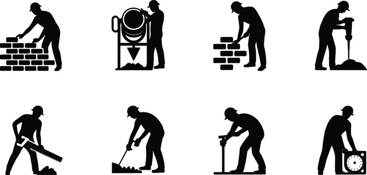 Construction worker silhouette icon set featuring bricklayer concrete mixer jackhammer manual labor and builder tools