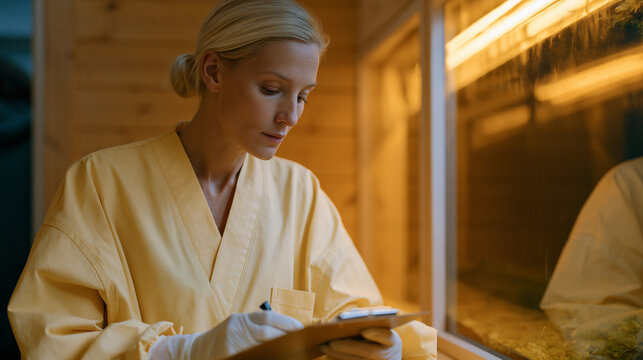 A forensic pathologist in scrubs stands under warm amber laboratory lighting beside a sealed algae cultivation tank, her gloved hands on a clipboard as she logs protein yield data