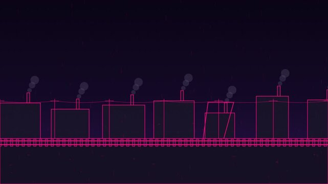 Industrial factory skyline at night with glowing pink neon wireframe buildings in rain