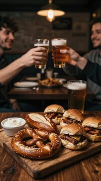 Friends enjoy food and drinks at a bar with pretzels and burgers in the evening