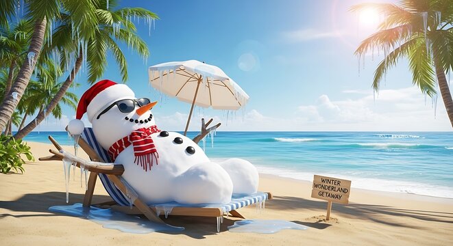 Cartoon snowman and penguin relaxing at beach with umbrella and sign