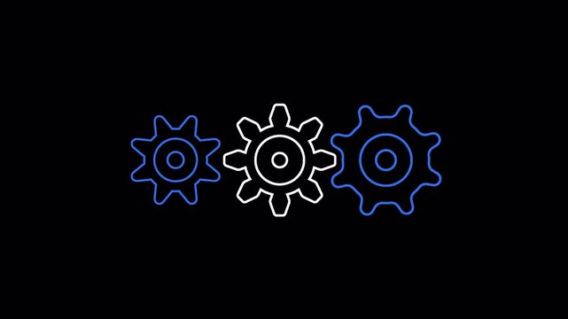 Blue white cogwheels spinning outline alpha channel isolated animation motion graphics. Gears running 4k video to use for technology, business, mechanics, engineering video projects. 