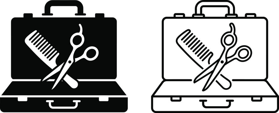 Hairdresser salon toolkit briefcase vector icon set featuring scissors and comb in silhouette and outline styles