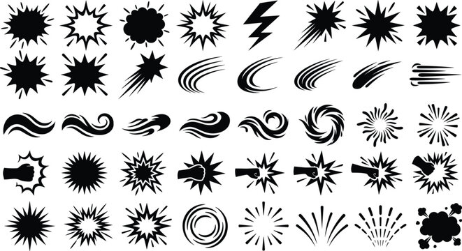 Comic Explosion Burst Silhouette Vector Collection with Speed Lines Impact and Action Effects