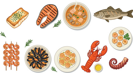Fresh seafood gourmet dish collection featuring grilled salmon lobster mussels shrimp skewers scallops octopus tentacle and fish vector illustration © MstAirin