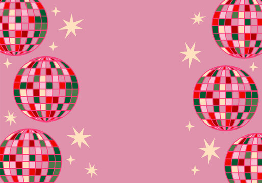 Cute holiday design with mirror shiny disco balls and stars. Disco ball. Fun. Disco ball party illustration
