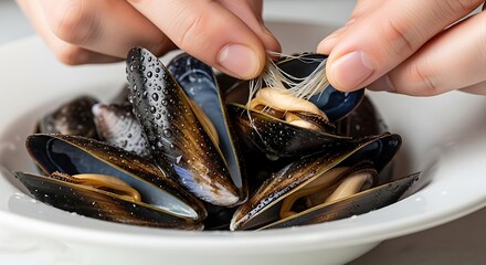 Obraz premium Hands opening mussels in white bowl.