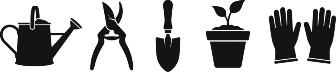Gardening and agriculture tool collection black silhouette icons vector set featuring watering can shears pruner trowel shovel potted plant sprout and safety gloves © Hira