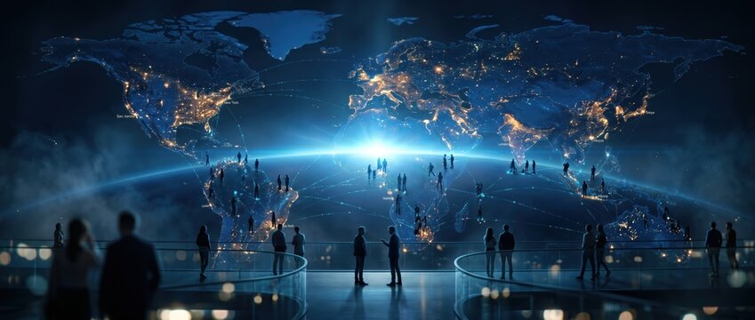 Global Network Connection with People Silhouettes and Bright Light.