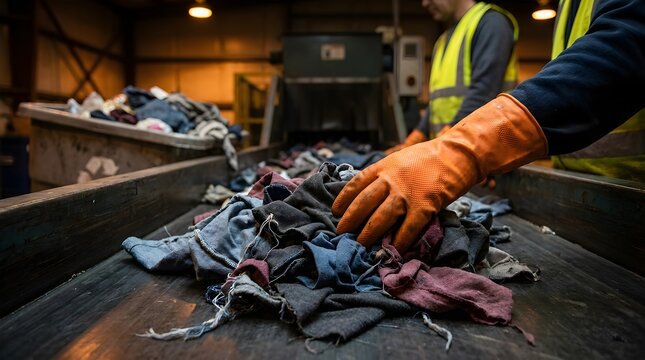 Textile recycling facility worker sorting old clothes on conveyor belt, industrial garment waste management, sustainable fashion circular economy