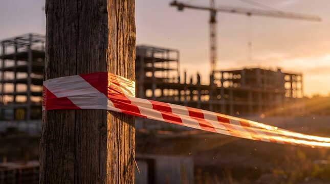 Red and white barrier tape on wooden post, construction site with building skeleton at sunset, industrial development zone with crane