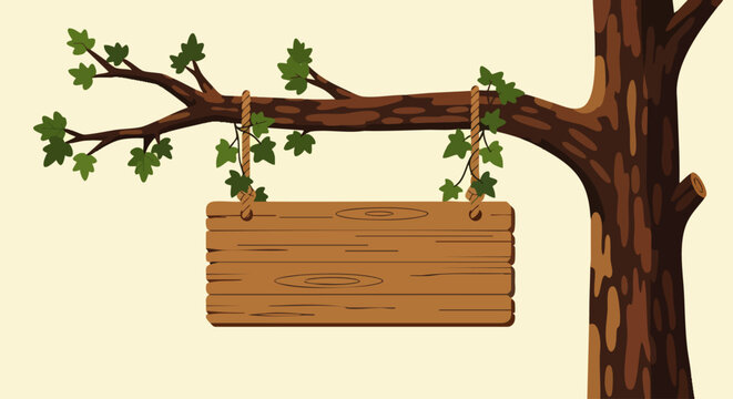 Rustic wooden blank signboard hanging from sturdy tree branch with natural greenery backdrop, concept for eco-friendly branding, outdoor event signage, and nature-inspired home decor design ideas