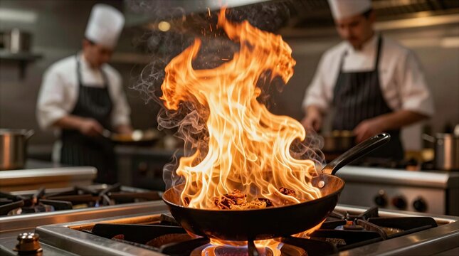 Chefs cook in a restaurant kitchen with flames rising from a pan during a busy dinner service