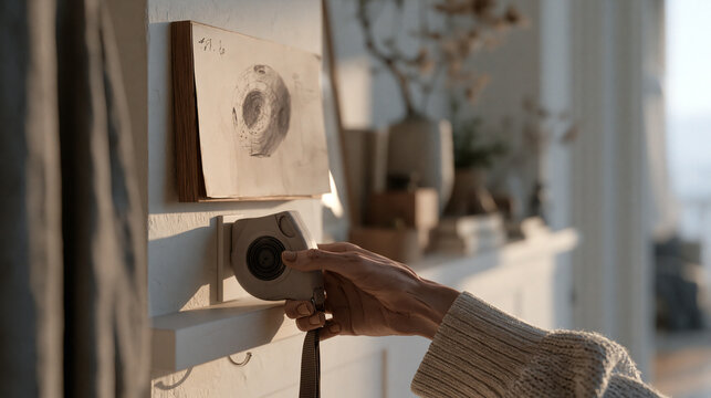 A dog walker's hand holds a single retractable leash looped around a hook beside a modest hallway shelf displaying a hand-drawn orbital habitat diagram, the lone object implying a