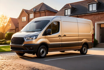 Obraz premium Modern delivery van parked on a residential street in front of brick houses during golden hour, Illuminated by the warm glow of golden hour sunlight