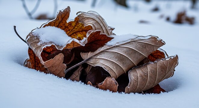 Dried dead curled leaves on snowy ground