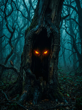 Glowing eyes in a dark hollow tree. Spooky forest creature hiding in a mysterious woods.