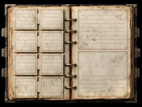 Open vintage ledger album with aged pages and metallic binder