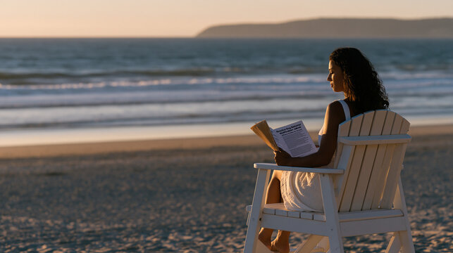 Lifeguard seated alone on a high tower chair at golden hour, long shadows stretching across empty beach sand below, holding a worn reactive dog behavior modification workbook,