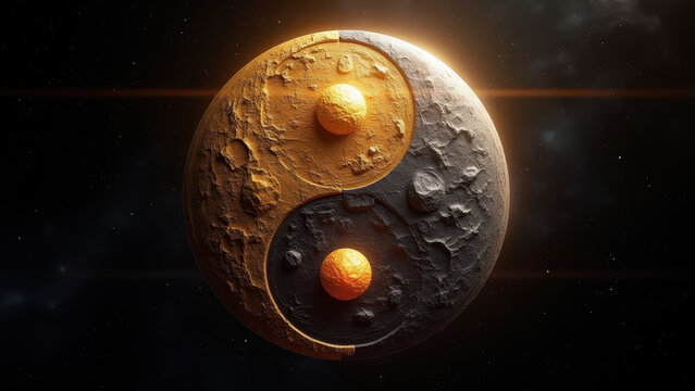 Abstract vivid yin yang sun moon symbol morphing at solstice balance point, gold silver palette, dark cosmic background