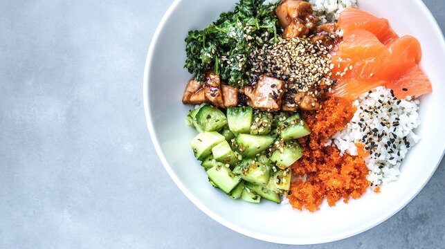 artistically. Balanced meal composition with colorful vegetables and proteins arranged artistically on white plate. menu design.